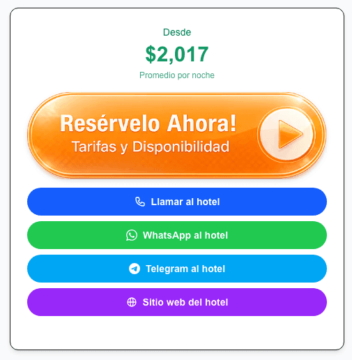 Panel de una ficha de Turista: precio desde por noche, botón Resérvelo Ahora con tarifas y disponibilidad, y botones de llamada, WhatsApp, Telegram y sitio web del hotel.